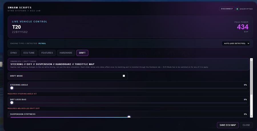 Drift tuning tab with steering, diff and suspension controls