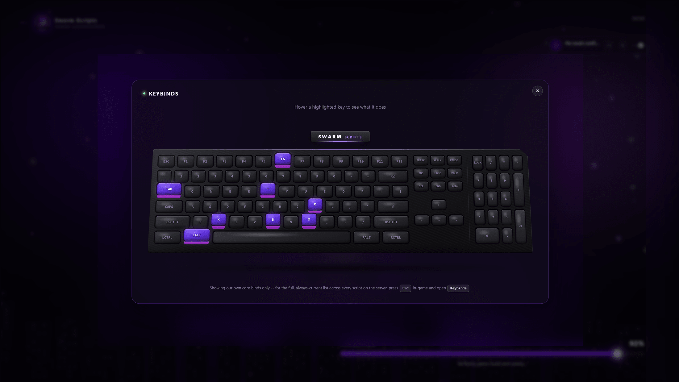 Interactive keybinds panel with a virtual keyboard