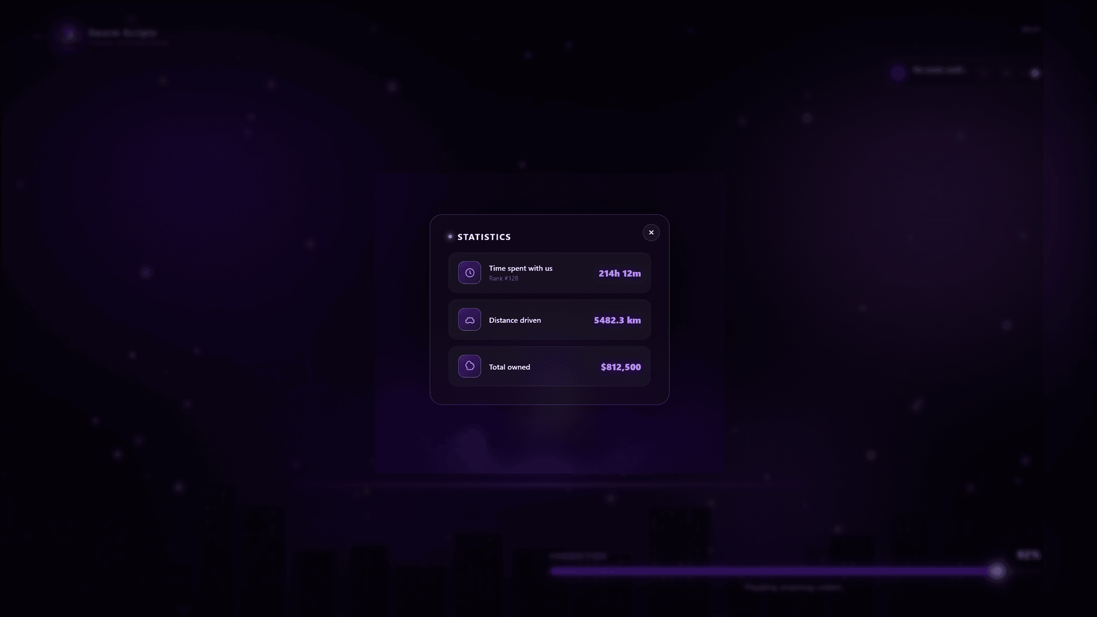 Player statistics — playtime, rank, distance and owned assets