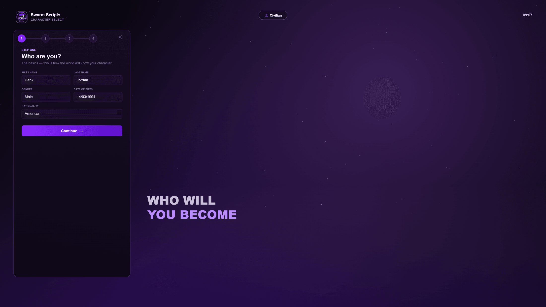 Character creation wizard — step one