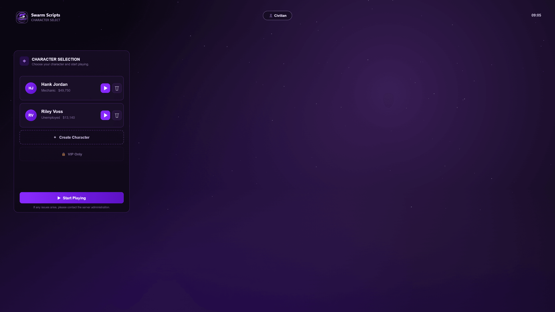 Swarm Multichar — character selection screen